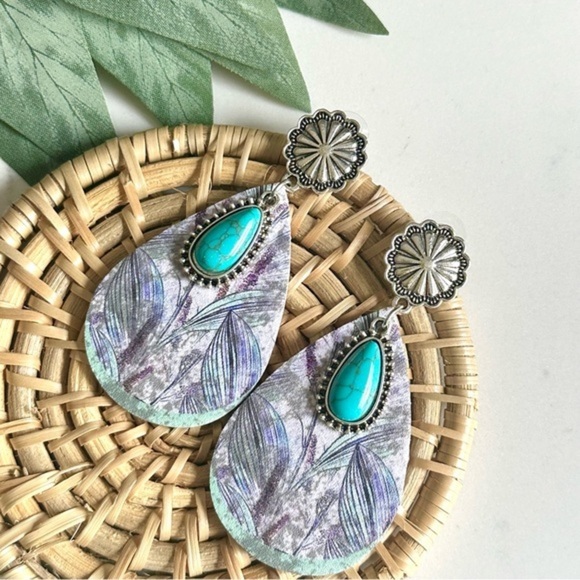 Faux Turquoise Stone Leaf Print Water Drop Earrings Boho Southwestern - Picture 1 of 6